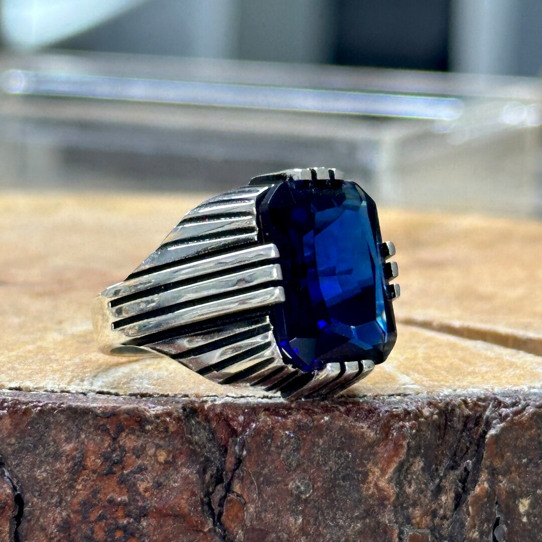 Men Blue Sapphire Stone Ring ,square Men Ring, Handmade Men Solid ...