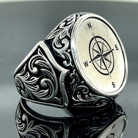 Silver Compass Ring Sailor Ring Compass Signet Ring Unique