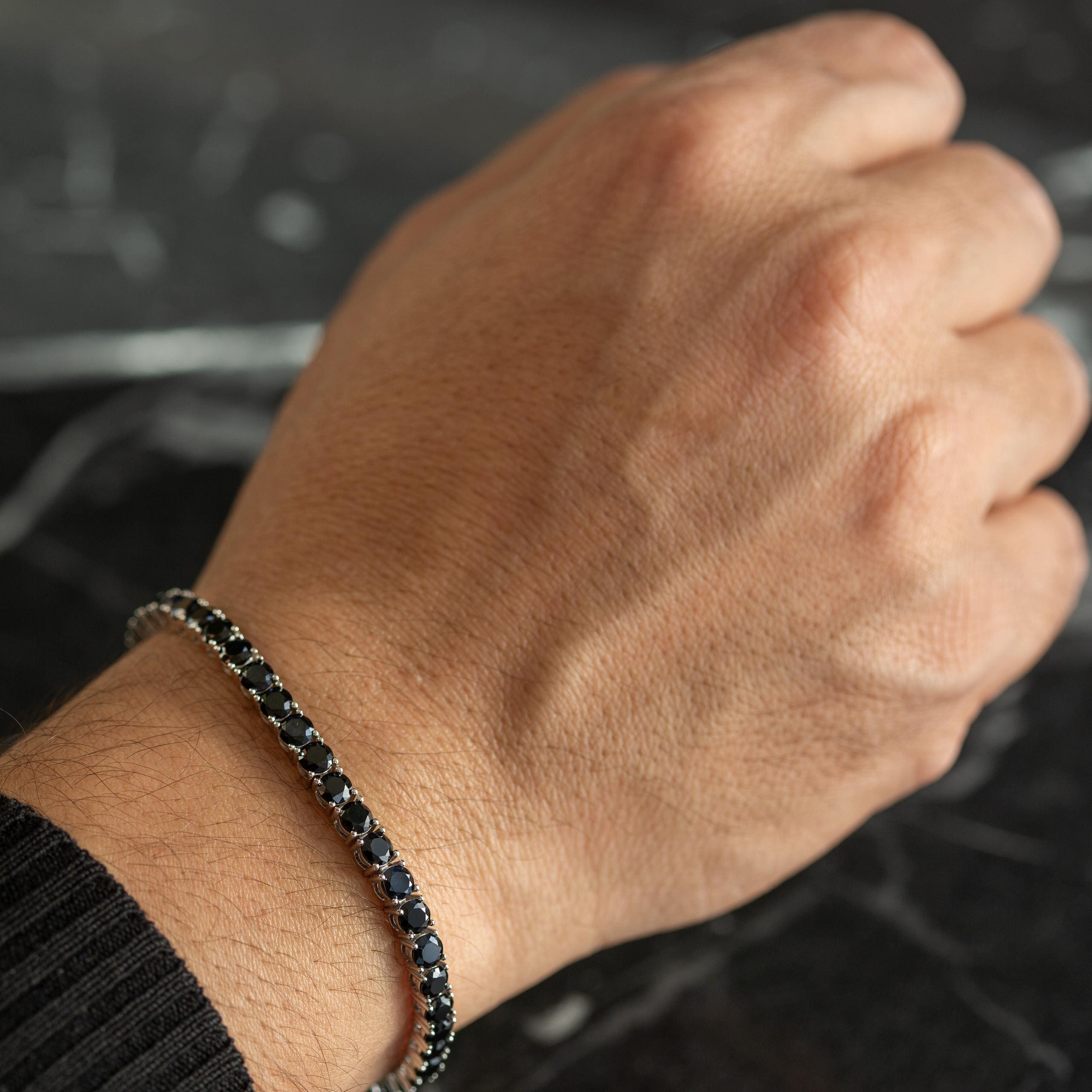 シルバー 5mm ブラックダイヤモンド テニスブレスレット、メンズ 