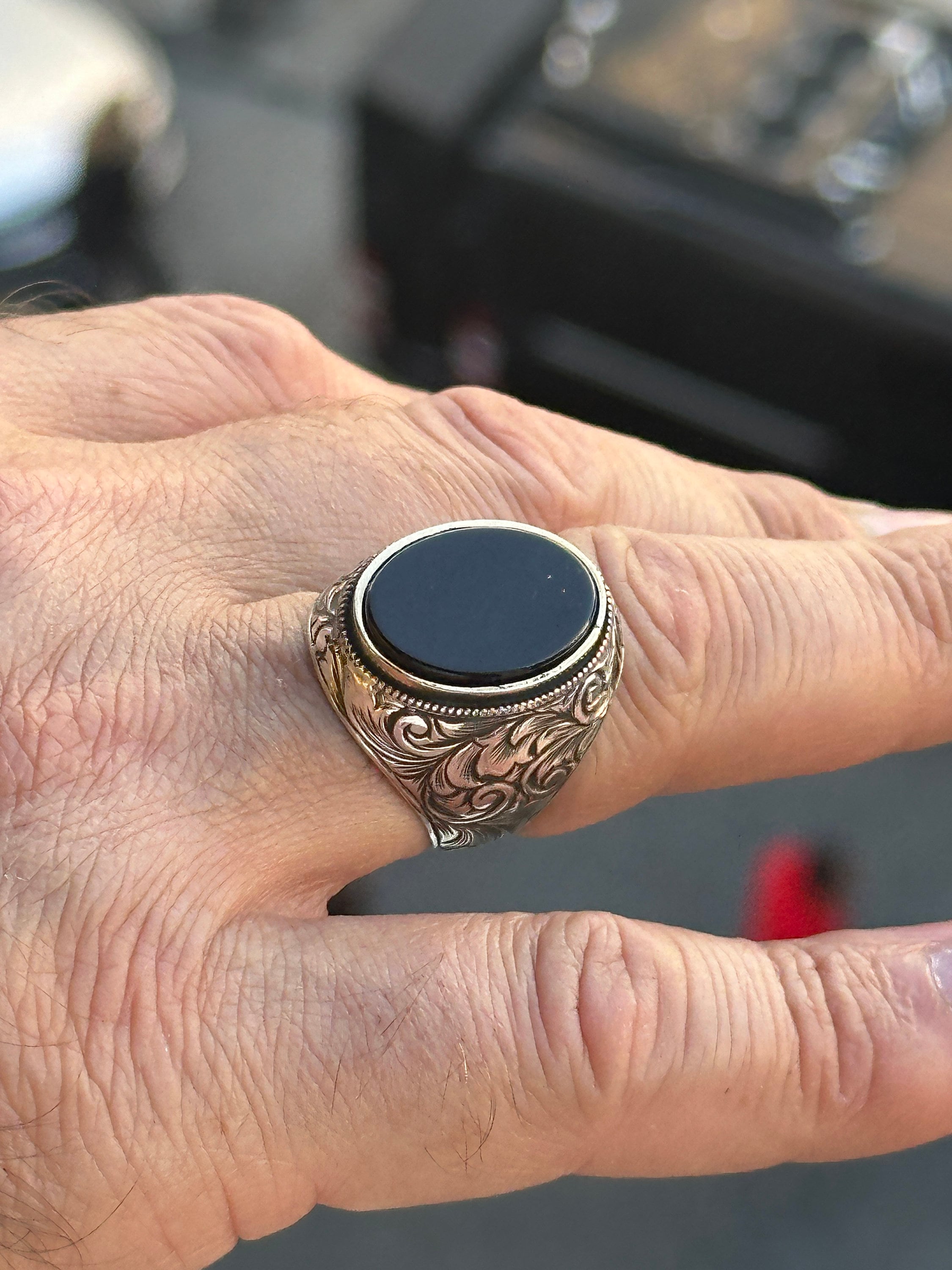 Silver Oval Black Onyx Ring , Handmade Ring for Men , Onyx