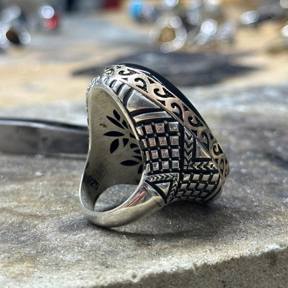 Mens Large Gemstone Onyx Ring, Natural Black Onyx Gemstone