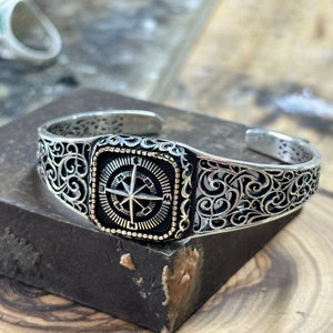 Silver Cuff Bracelet, Adjustable Compass Bangle, Sailor Traveler Bracelet, Band Cuff Bracelet, Compass Jewelry, 925k Sterling Silver