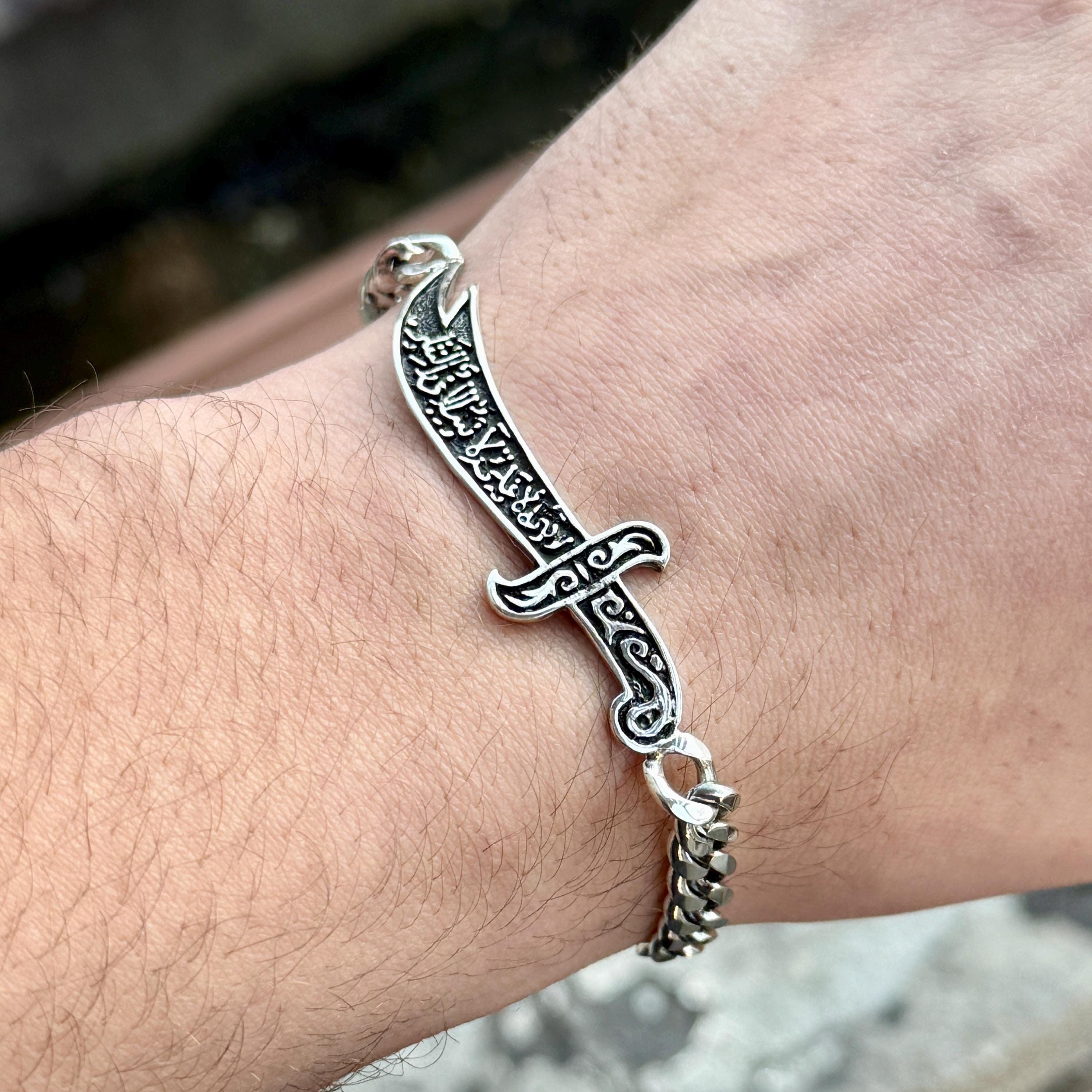 Silver Zulfiqar Chain Bracelet, Silver Sword Bracelet, Engraved
