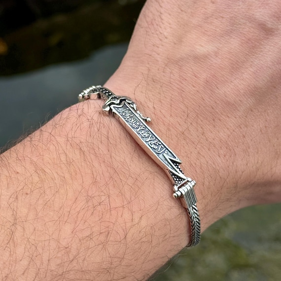 Men Silver Folding Sword Chain Bracelet, Silver Zulfiqar Sword