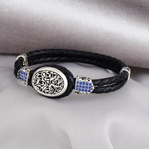 Silver Handmade Bracelet , Silver Sapphire Stone Bracelet , Blue Sapphire Stone Bracelet , Engraved Style Bracelet , 925k Silver Bracelet