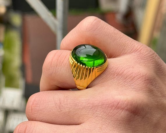 Men Silver Green Stone Ring, Zircon Gemstone Ring, Gold Signet
