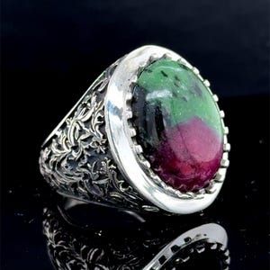Silver Engraved Ruby Gemstone Ring, Natural Ruby Stone Men Ring, Hand-Engraved Turkish Silver Ring, Unique Men Ring, 925 Sterling Silver