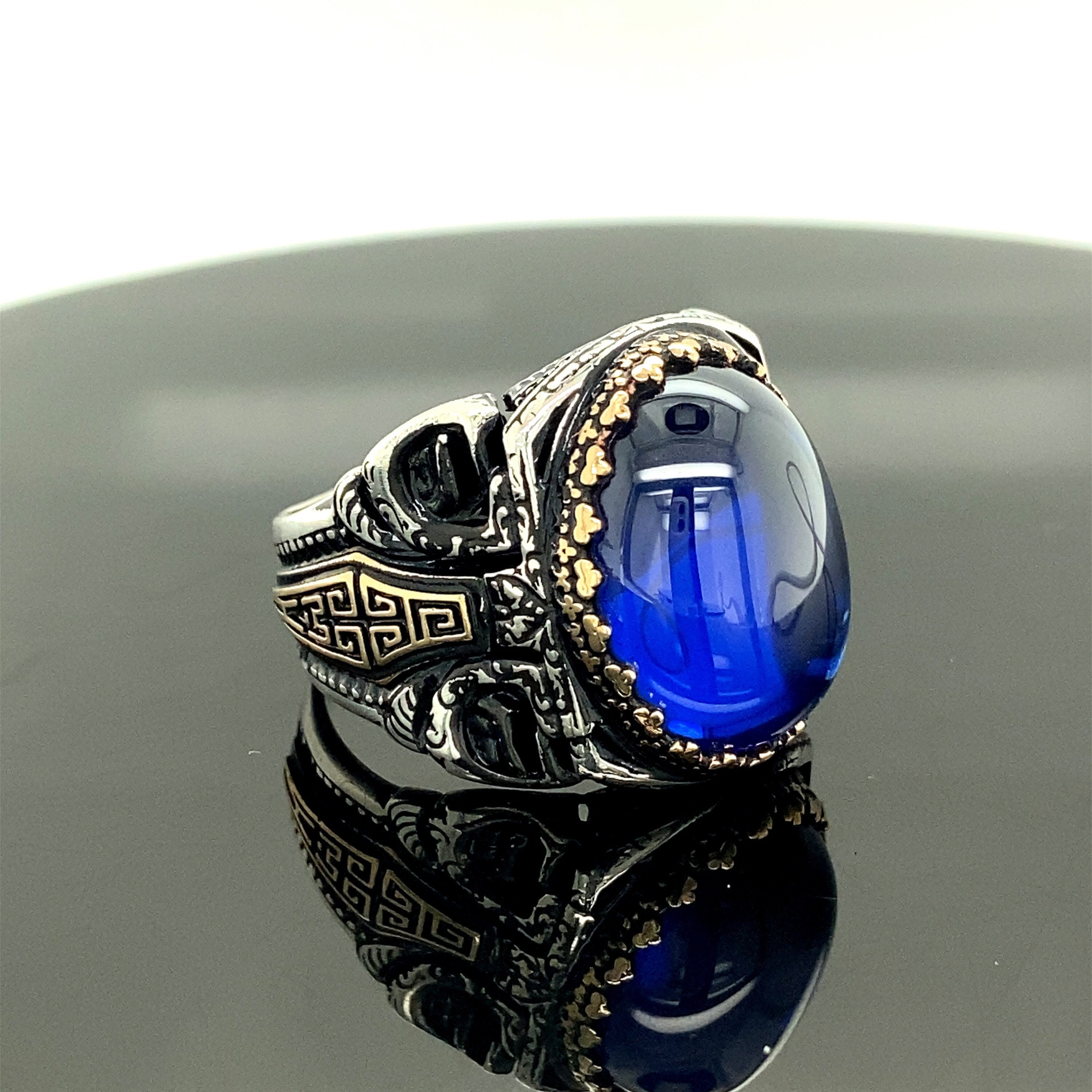 Mens Real Solid 925 Sterling Silver Dark Navy Blue Sapphire Stone