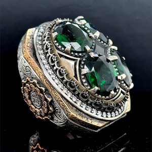 Turkish Handmade Emerald Ring, Large Statement Green Stone Ring, Ottoman Style Men Ring, Vintage Silver Ring, Men Silver Jewelry, Gift Men
