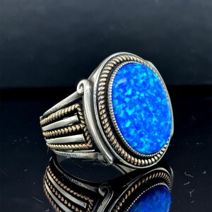 Silver Blue Opal Ring, Mens Opal Signet Ring, Turkish Handmade Ring, Fire Opal Ring, Ottoman Style Ring, Turkish Jewelry 925 Silver