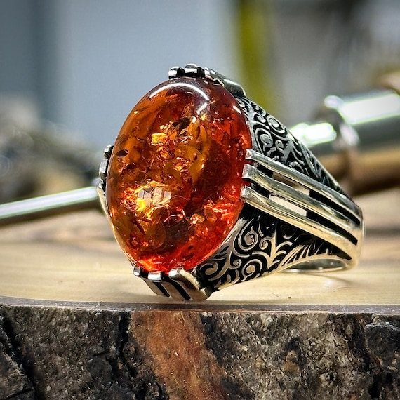 Silver Amber Ring , Men Handmade Amber Ring , Natural Gemstone