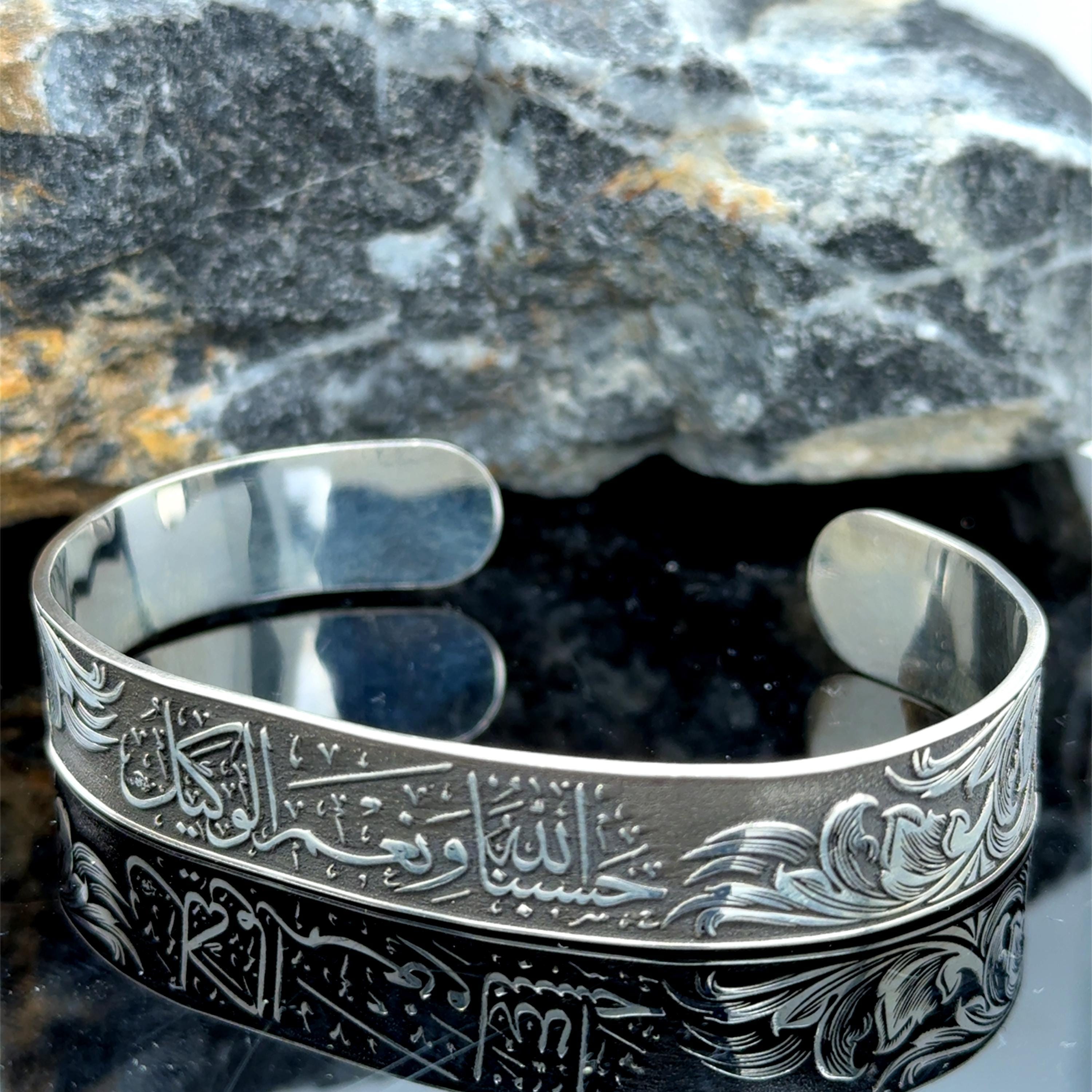 925スターリングシルバーメンズイスラムカフブレスレット、HasbinAllah
