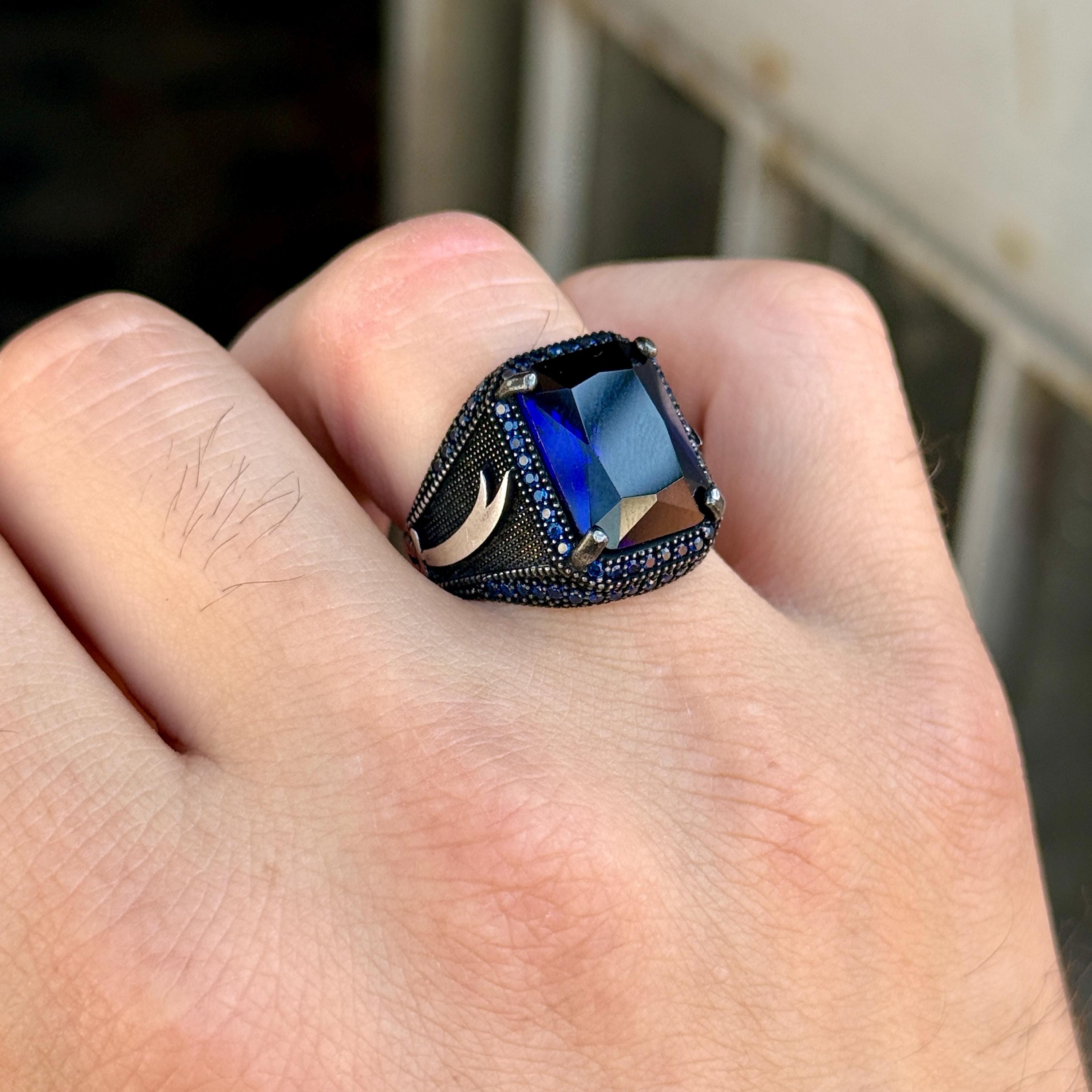 Men's Sapphire Stone Ring, Zulfiqar Sword Silver Ring, Blue Zircon