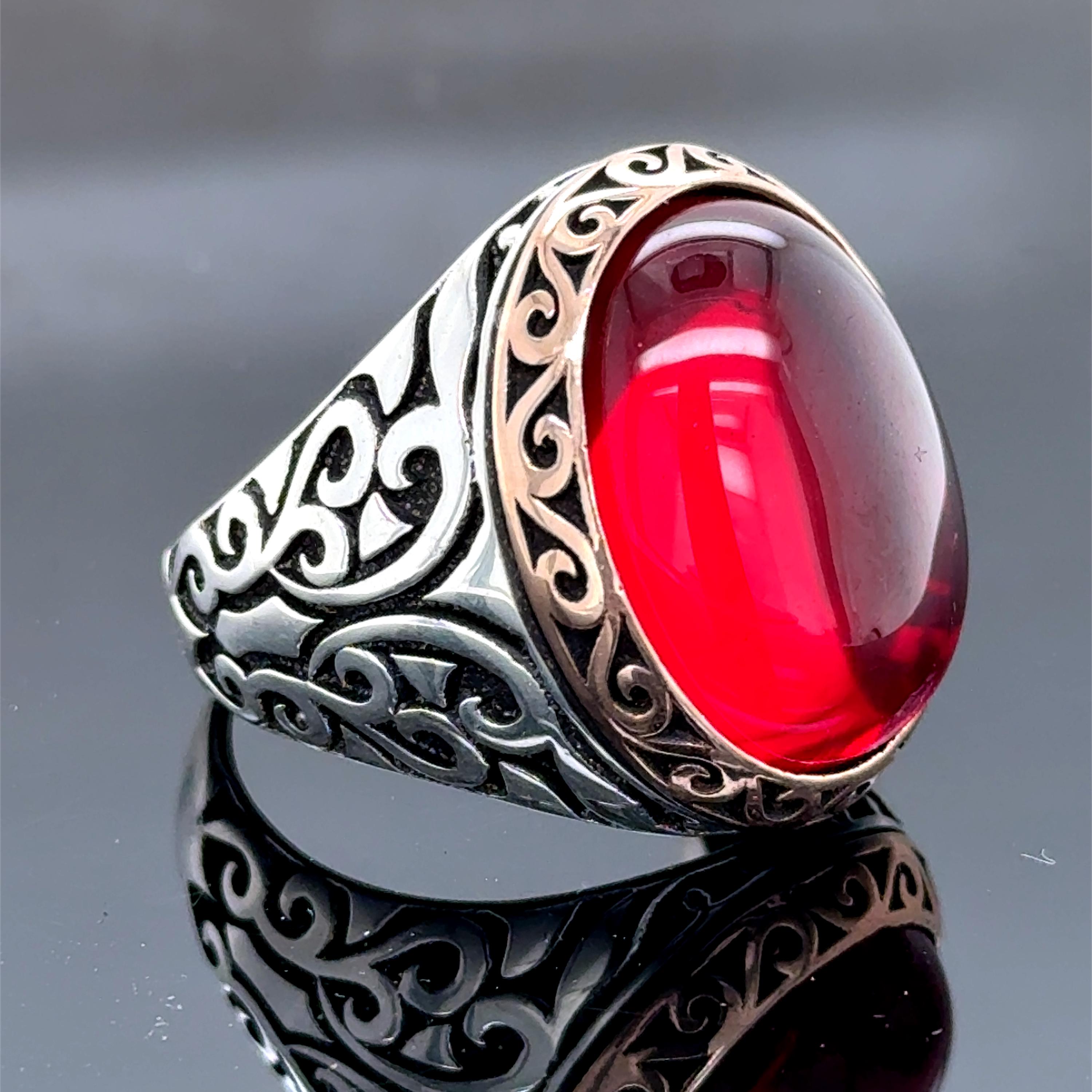 赤色宝石 シルバーリング メンズシルバールビーストーンリング、レッドストーンシルバーリング