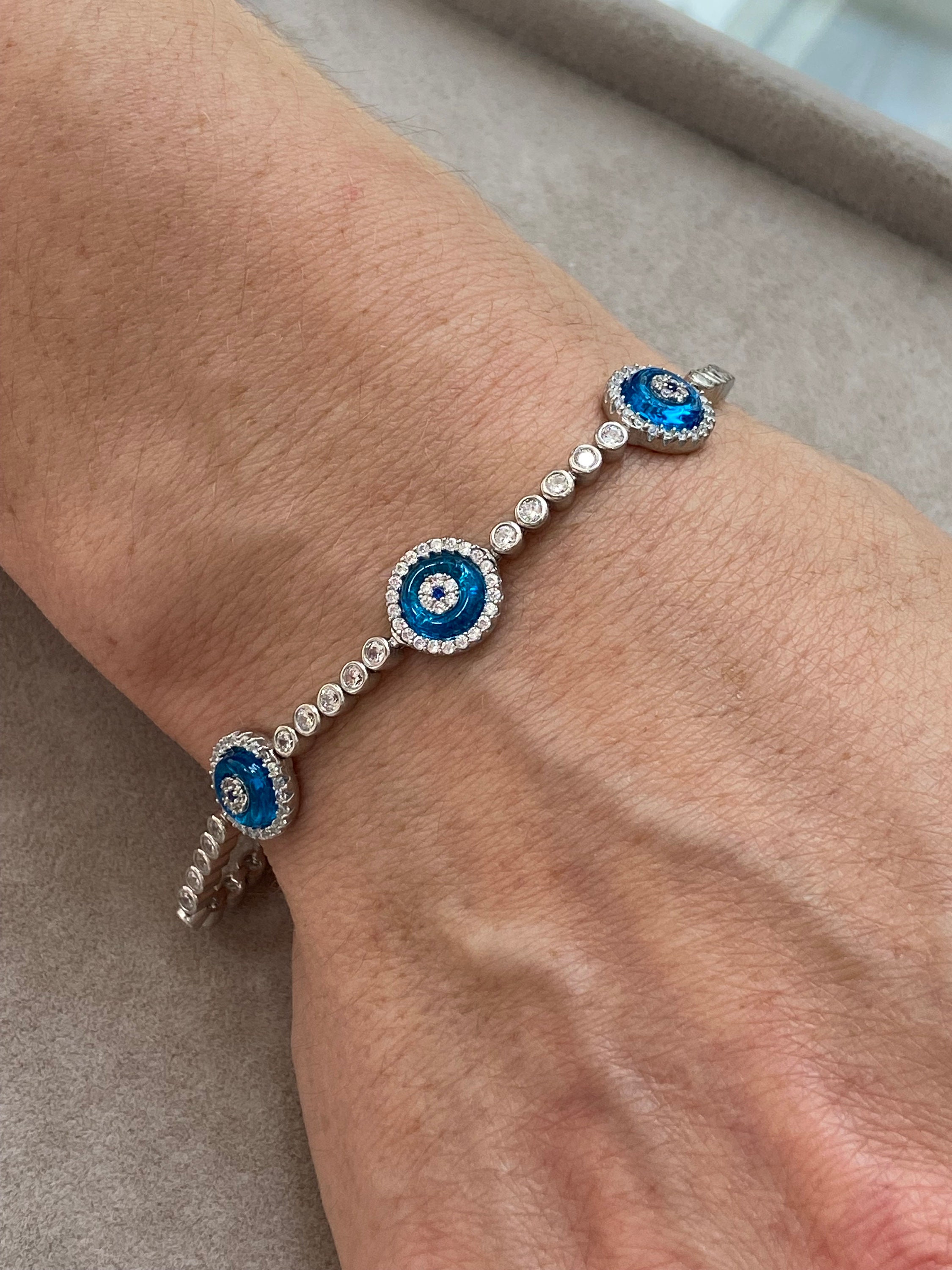 Silver Evil Eye Bracelet , Blue Stone Bracelet  , Tennis Bracelet Handmade Jewelry Bracelet ,  925K Sterling Silver Jewelry ,Gift For Him