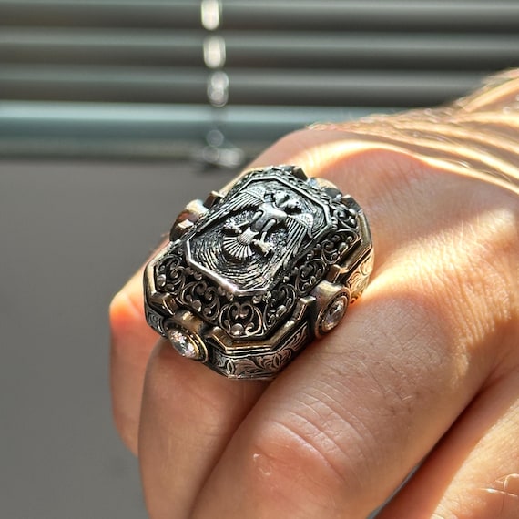 Large Unique Silver Eagle Ring , Men Handmade Eagle Signet Ring
