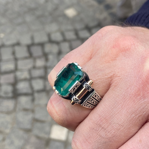 Bague faite à la main pour homme, Bague en pierre paraiba verte naturelle, Bague turque faite à la main, Bague de style ottoman, Bague en argent sterling 925k, Cadeau pour lui