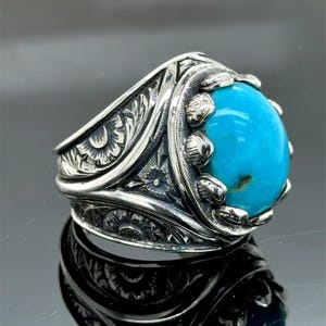 Silver Large Turquoise Ring, Handmade Artisan Men Ring, Blue Turquoise Signet Ring, Engagement Ring, Signet Ring Men, Gift For Mens