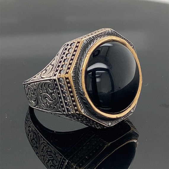 Men Handmade Ring , Round Onyx Stone Ring , Onyx Gemstone Ring