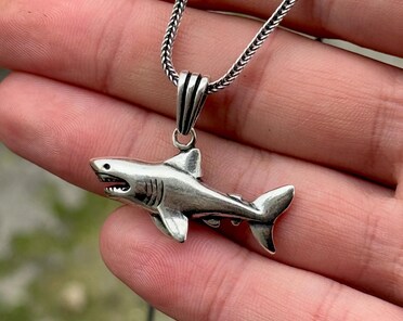 Silver Shark Necklace, Wild Shark Pendant Jewelry, Shark Jewelry