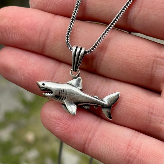 Silver Shark Necklace, Wild Shark Pendant Jewelry, Shark Jewelry