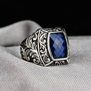 Men Blue Stone Ring , Sapphire Stone Ring , Zircon Turkısh Handmade Ring , Ottoman Style Ring , 925k Sterling Silver Ring , Gift For Him