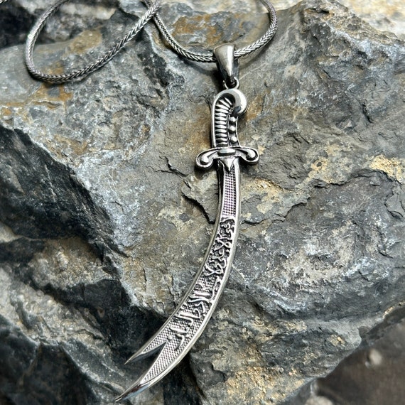Silver Zulfiqar Necklace , Silver Sword Necklace, Arabic Written