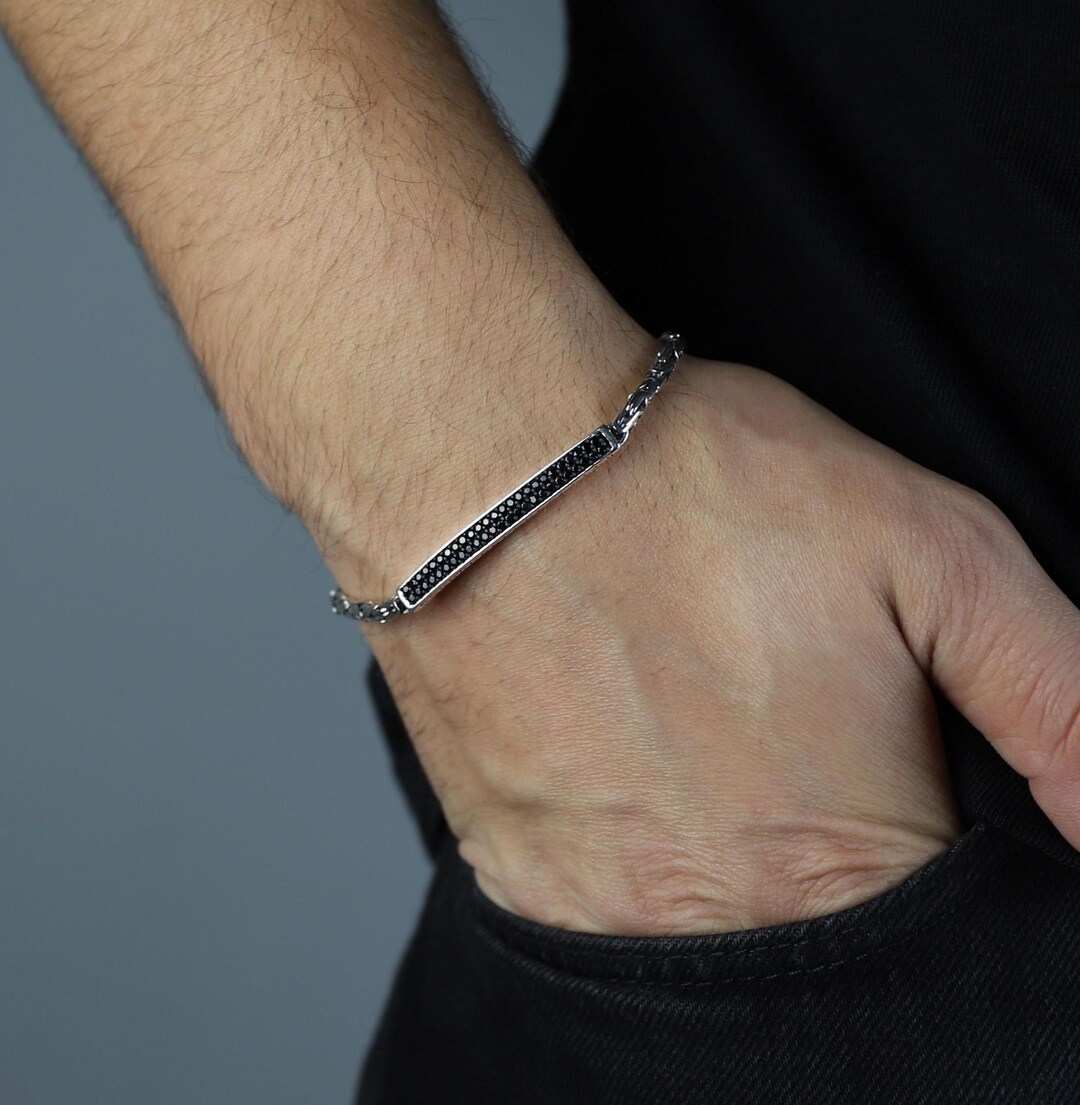 925 Silver Black Diamond King Chain Bracelet, Byzantine 5MM Black