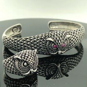 Silver Owl Bracelet , Owl Cuff Bracelet , Silver Owl Ring Set  , Adjustable Bracelet , Unisex Eagle Bracelet ,925k Sterling Silver Bracelet