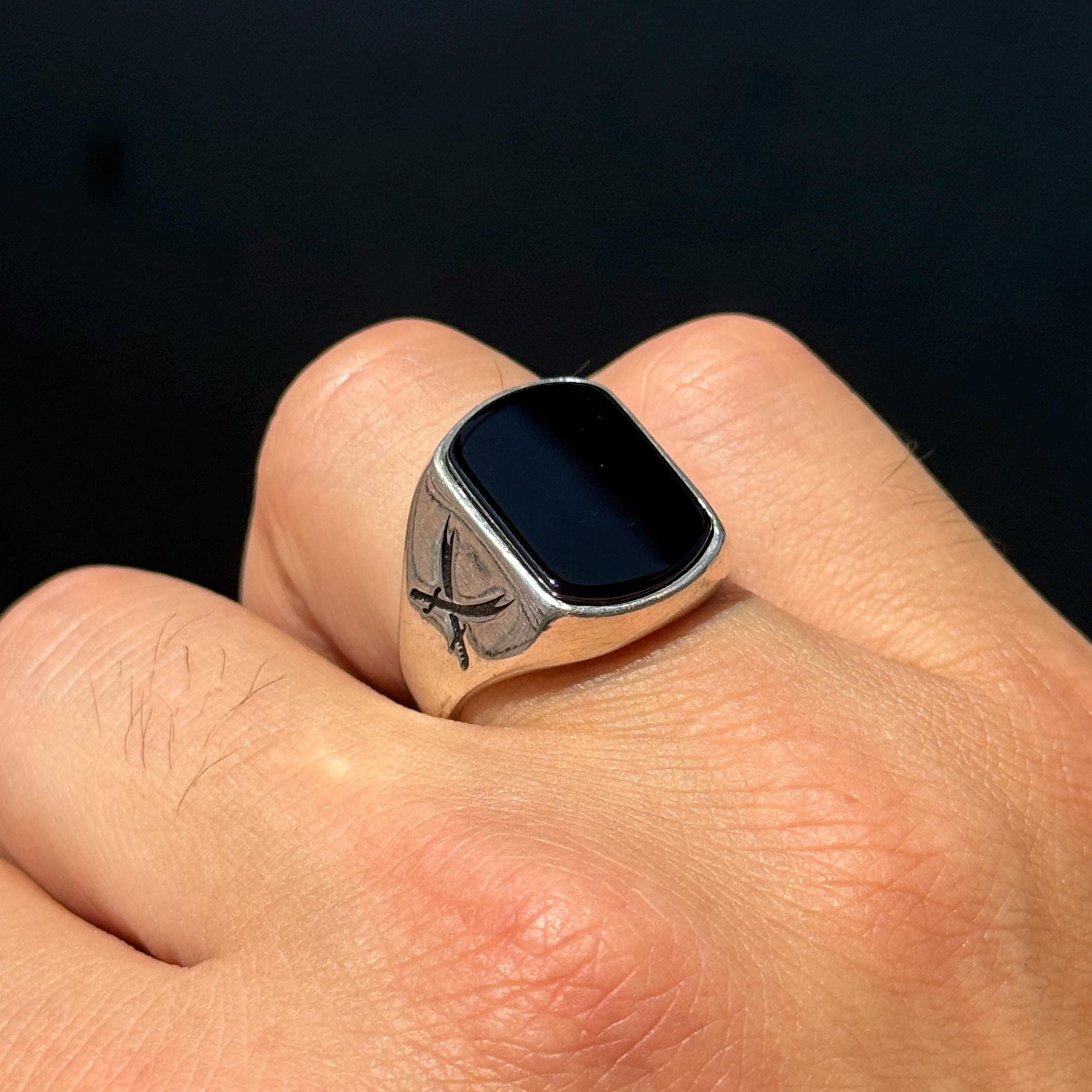 Men Silver Natural Onyx Ring, Zulfiqar Sword Onyx Ring, Classic