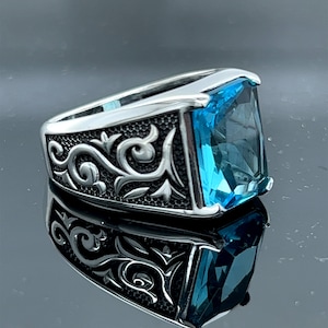 Silver Aquamarine Stone Ring , Modern Blue Aquamarine  Stone Ring , Vintage Men Ring , Turkısh Ottoman Men Ring , 925k Sterling Silver Ring