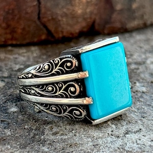 Men Silver Turquoise Ring, Turquoise Stone Vintage Ring, Engraved Ottoman Men Ring, Father Day Gift, 925k Sterling Silver Ring, 925 Silver