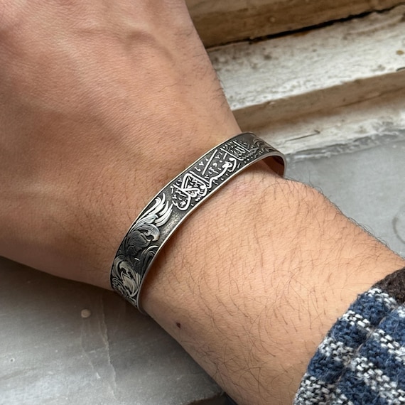 925スターリングシルバーメンズイスラムカフブレスレット、HasbinAllah
