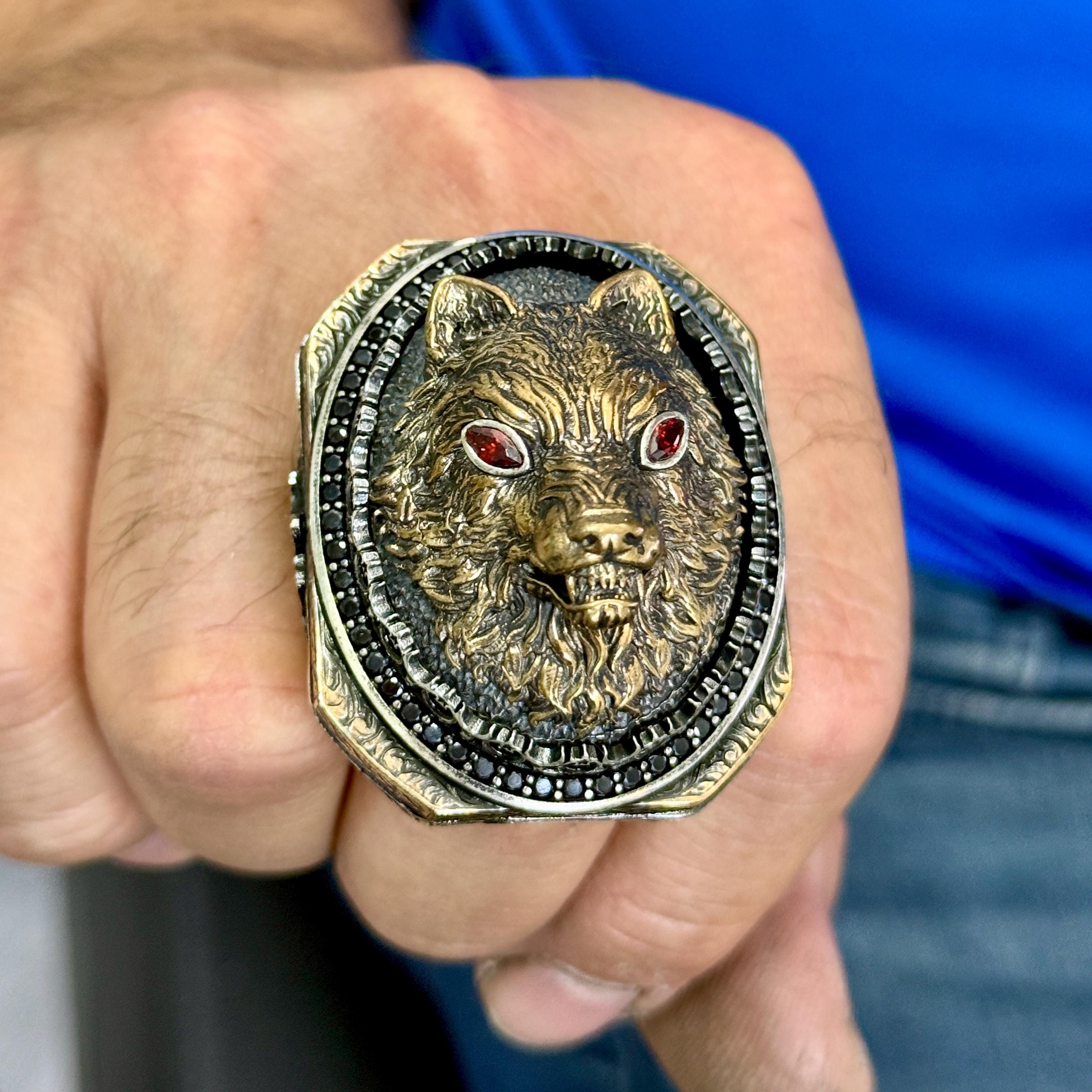 925 Silver Large Ruby Eyes Wolf Head Ring, Wolf Signet Men Ring