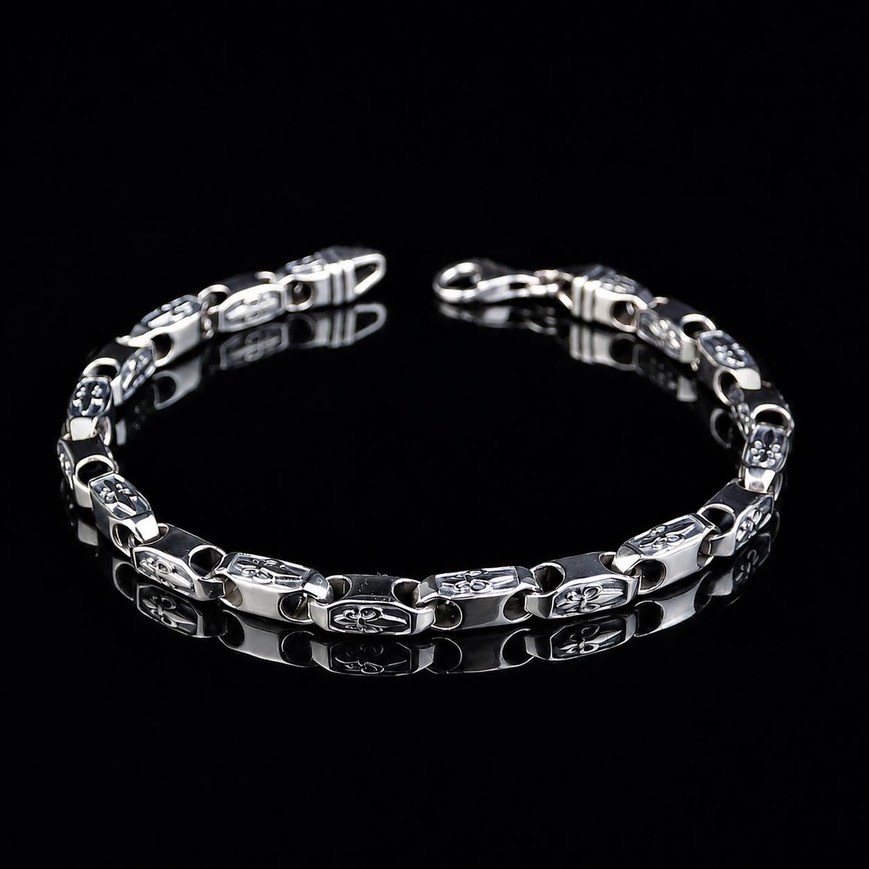925 Sterling Silver Engraved Chain Bracelet, Oxidized Vintage Chain Bracelet, Mens Modern Bracelet, Biker Chain Bracelet, Gift For Men