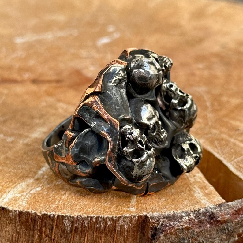 Handmade Silver Skull Ring, Hammered Five Skull Head Ring, Heavy ...