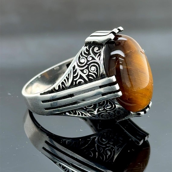 Tiger Eye Gemstone Ring, Sterling Silver Tiger Eye Ring, Mens