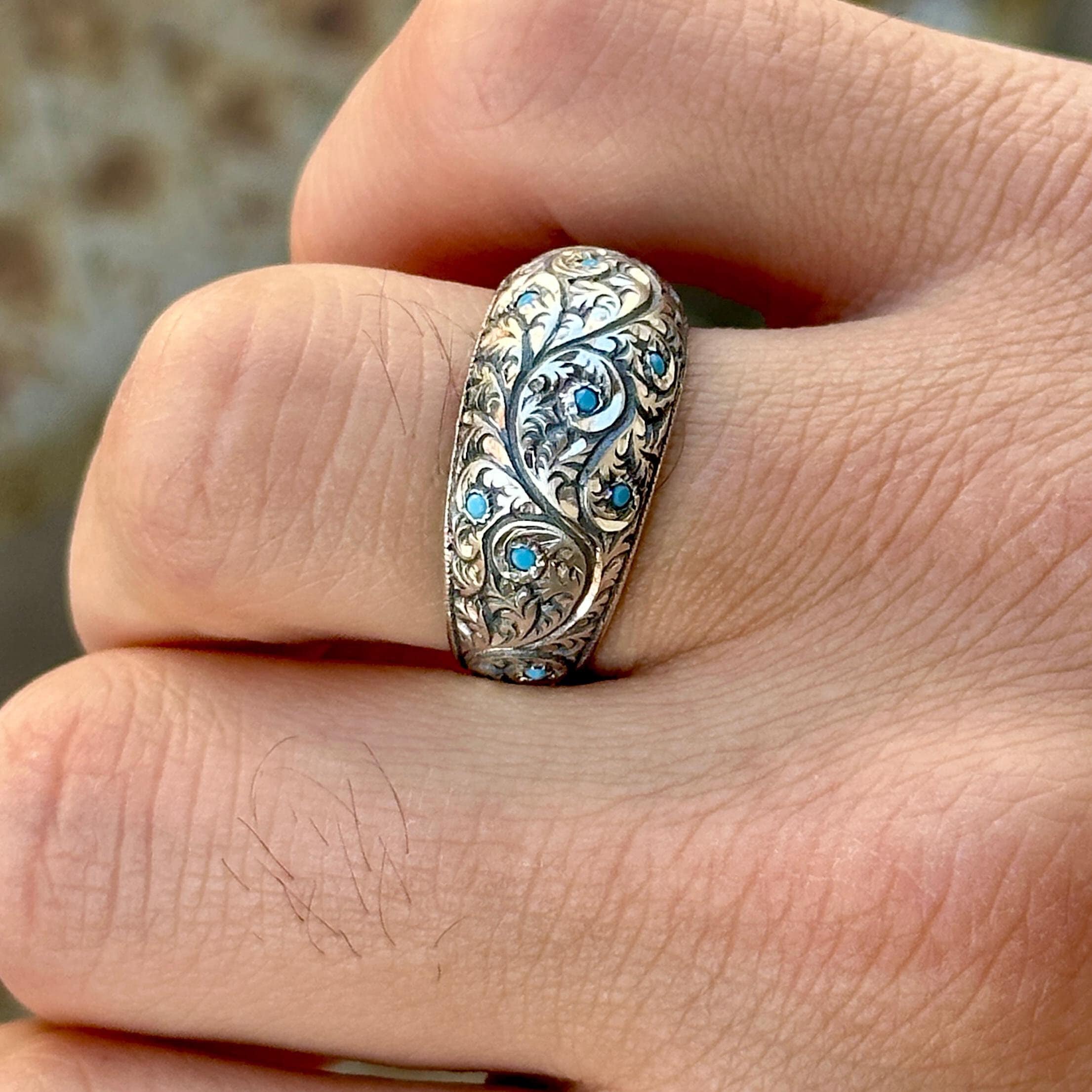 ターコイズ結婚指輪、刻印入りシルバーバンドリング、ハンドメイド 