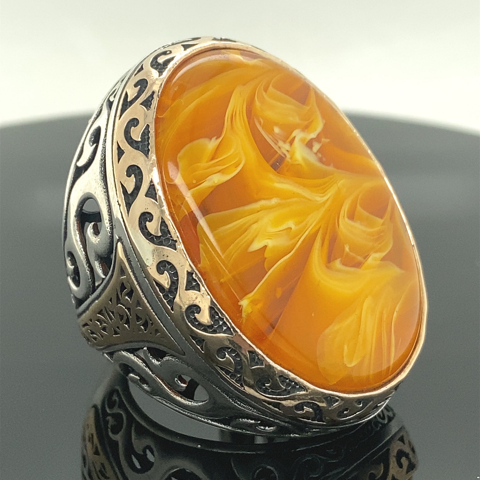 Man Silver Large Amber Stone Ring Baltic Amber Ring - Etsy