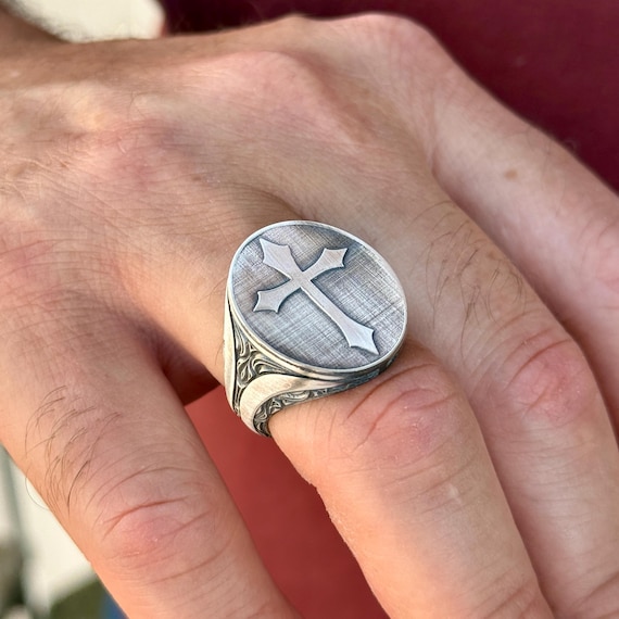 Silver Cross Signet Ring, Silver Handmade Christian Rings, Cross