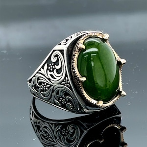 Silver Green Jade Stone Ring, Mens Jade Stone Ring, Handmade Green Jade Ring, Men Silver Jade Ring, Ottoman Style Ring, 925k Sterling Silver