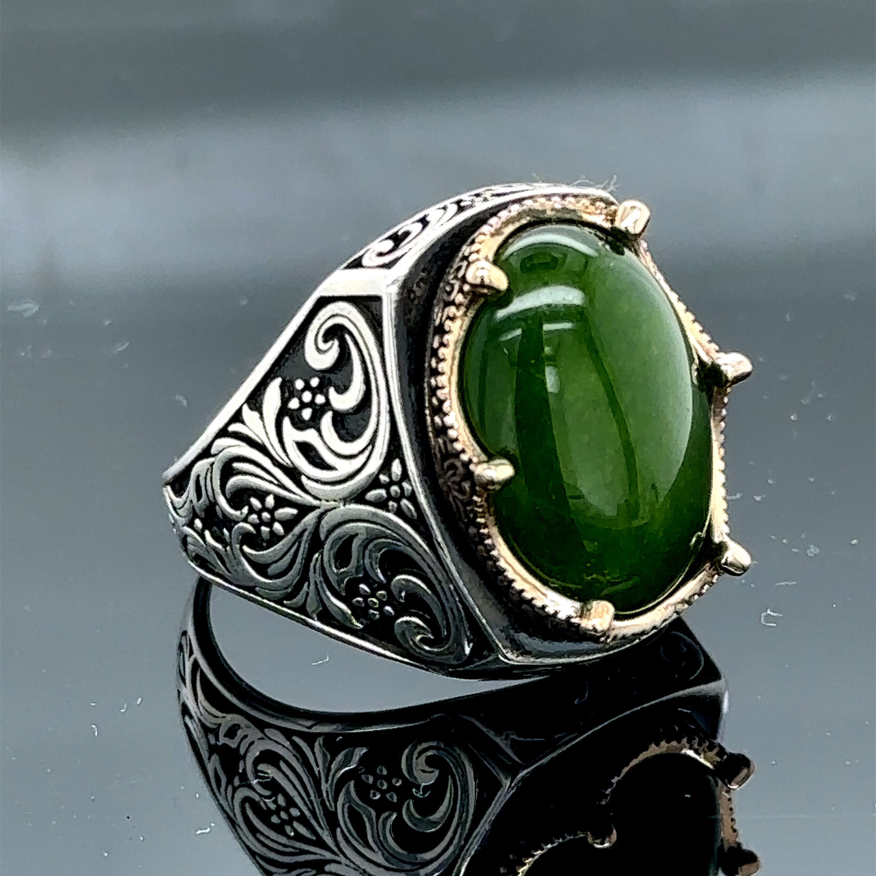 SILVER925 GREEN STONE RING/シルバー/リング Men Silver Green Stone Ring, 925k Sterling Silver, Handmade