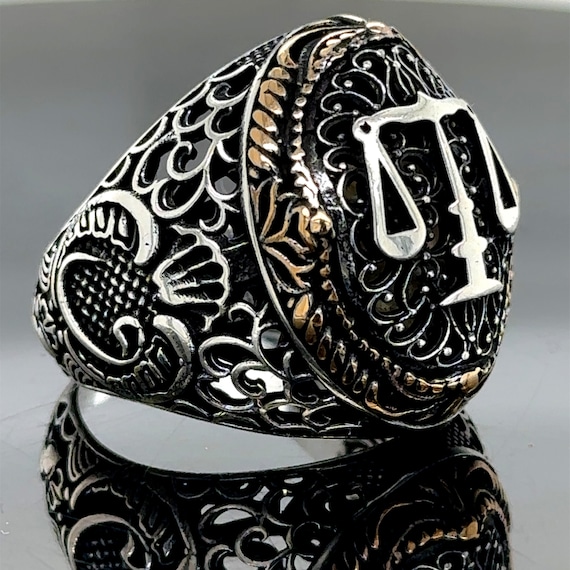 Men Silver Scale Ring , Men Handmade Libra Ring , Silver