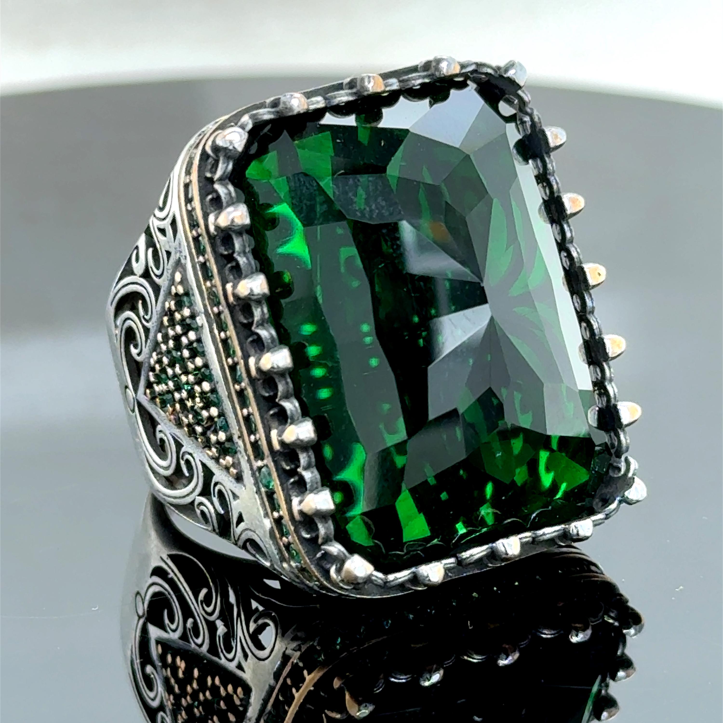 Turkish Handmade Emerald Gemstone Ring, Men Green Gemstone Ring, Large Statement Ring, Turkish Handmade Ring, 925 Sterling Silver Ring