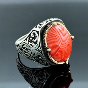 Anel de pedra de ágata de prata do Iêmen, anel de cornalina Aqeeq vermelho, anel masculino feito à mão, anel de prata turco, anel de prata esterlina 925k, presente para ele