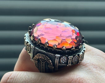 Anillo grande de sultanita natural hecho a mano para hombre, anillo de piedra de sultanita que cambia de color, anillo turco hecho a mano, anillo de plata de 925 k, regalo para él