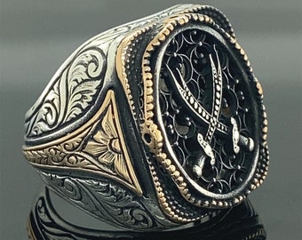 Silver Double Sword Ring , Silver Zulfiqar Sword Ring , Handmade Knight&#39;s Signet Ring , 925k Sterling Silver Ring , Gift For Him
