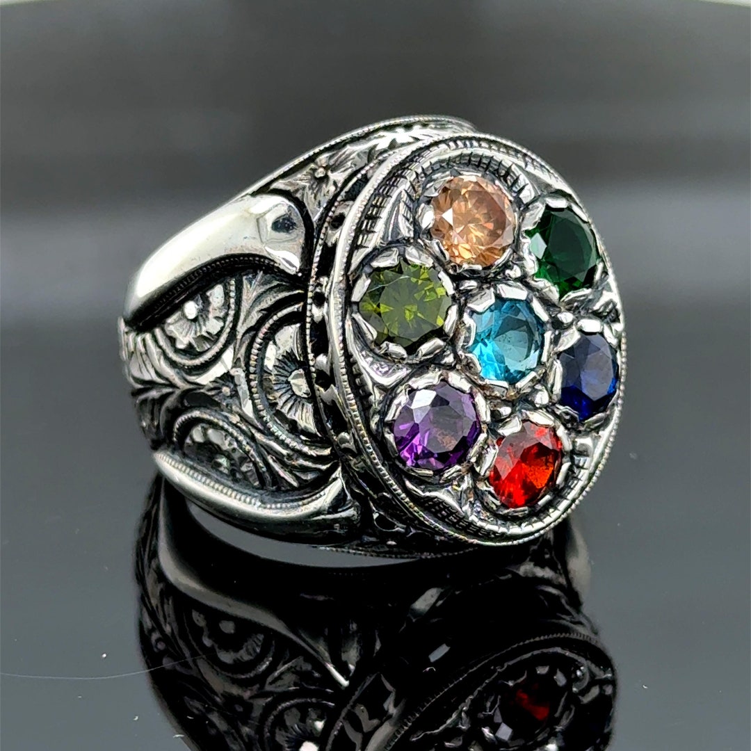 Men Silver Engraved Ring, Men Handmade Multicolor Ring, Multi Stone Men ...