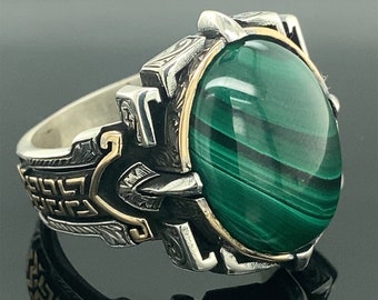 Anillo de piedra de malaquita hecho a mano por hombres, anillo de malaquita natural, anillo hecho a mano Turkısh, anillo bordado, anillo de plata de ley de 925k