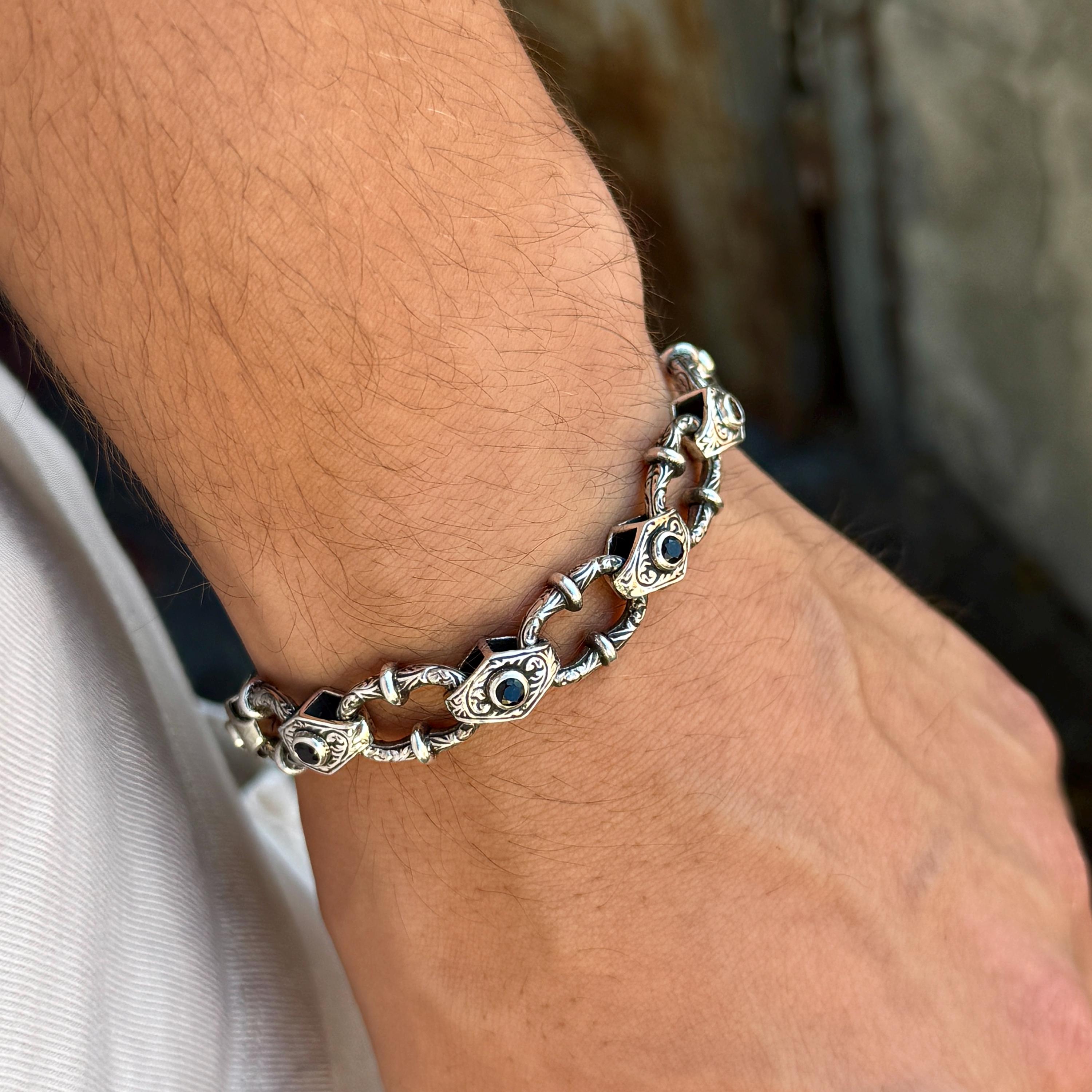 シルバー925チェーンリンク ブレスレット　オニキス 925シルバーオニキスストーンチェーンリンクブレスレット、手彫り